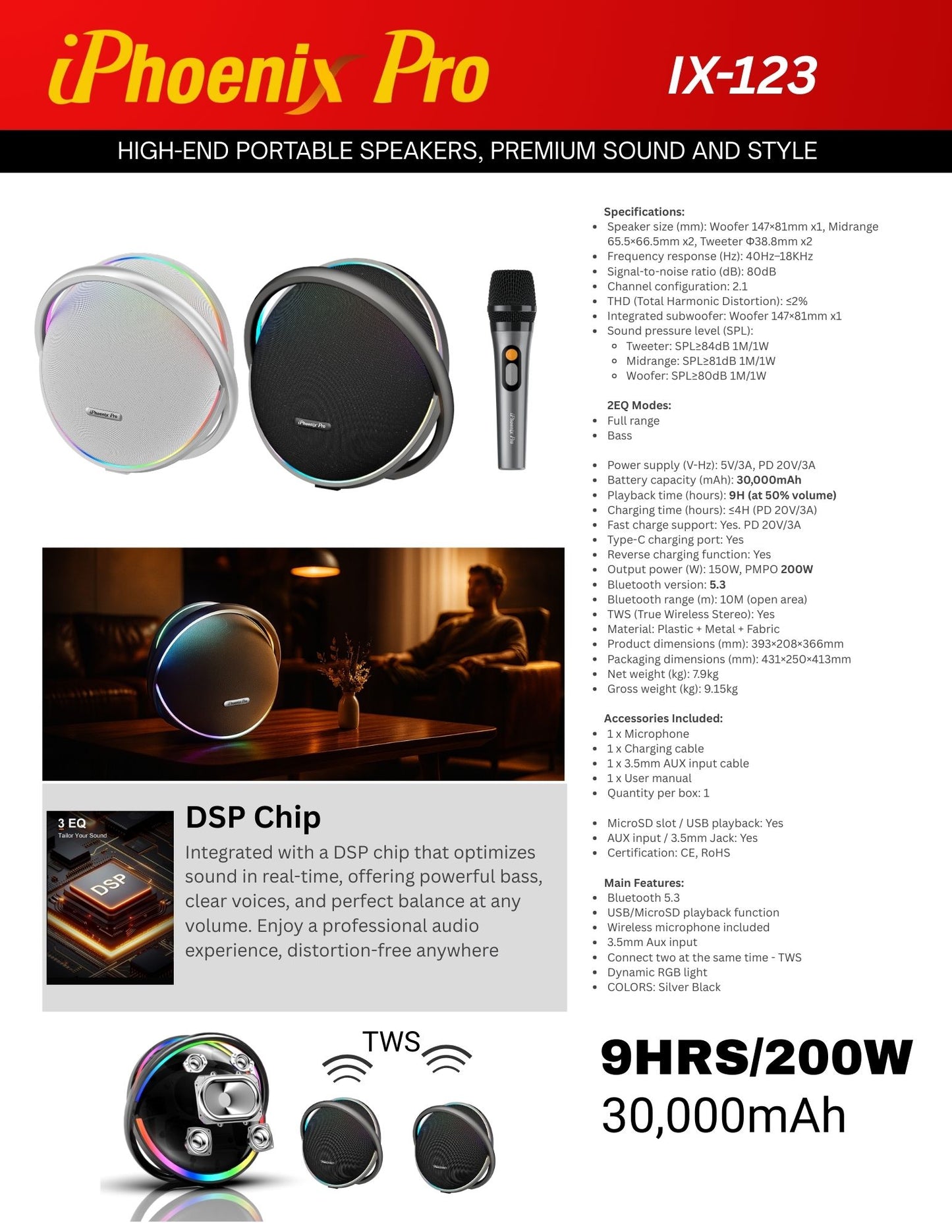 IX-123 9 Hrs/200W 30000 mAh BT Wireless Round Speaker with Microphone - Black