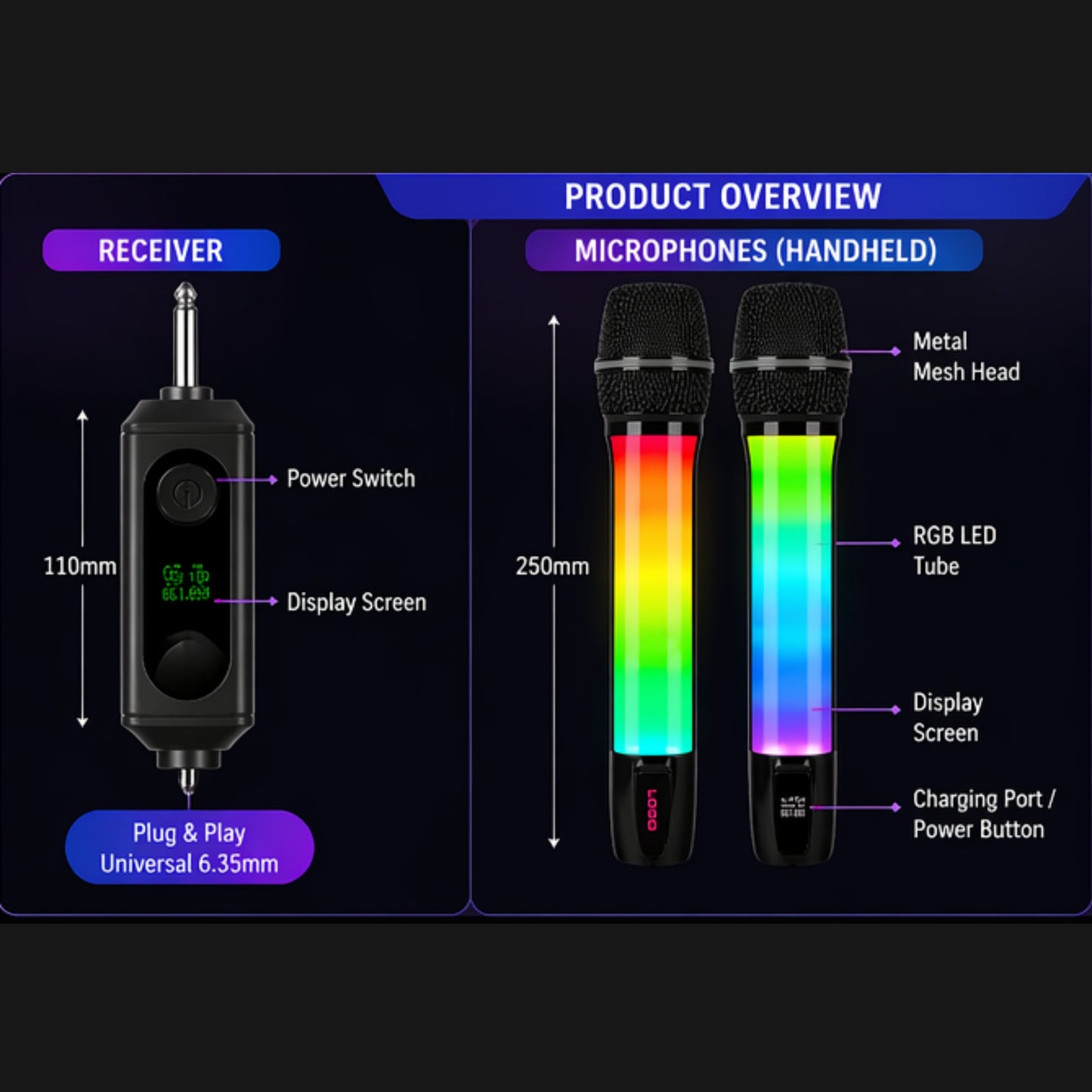 LED-DUAL-MICS 2 Universal Wireless Microphones RGB LED Lights