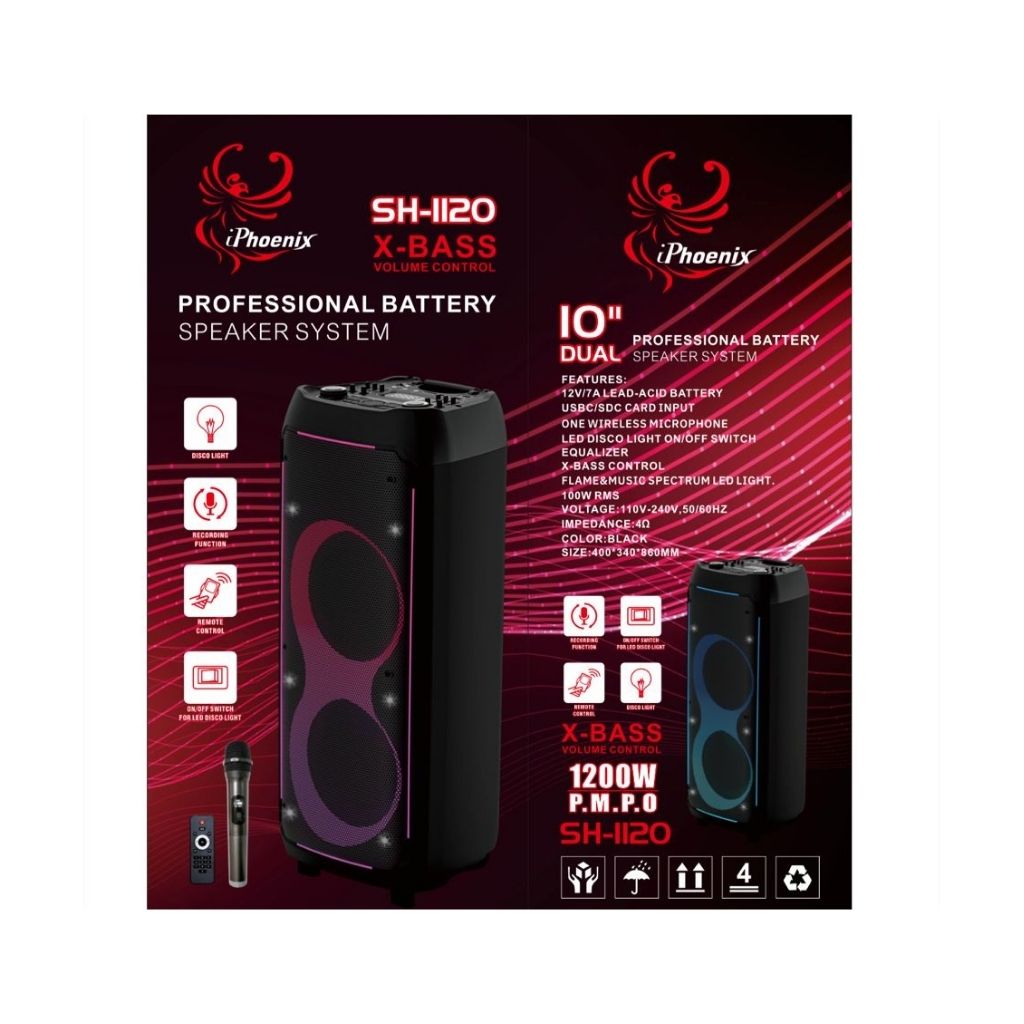 SH-1120 X-BASS Control 2x10 Inch Speaker Bluetooth with Wireless Mic
