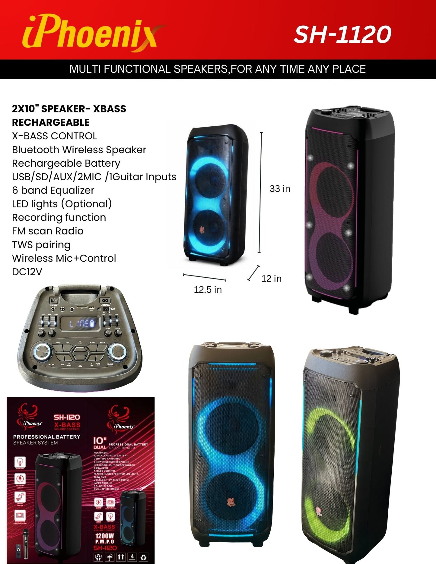 SH-1120 X-BASS Control 2x10 Inch Speaker Bluetooth with Wireless Mic