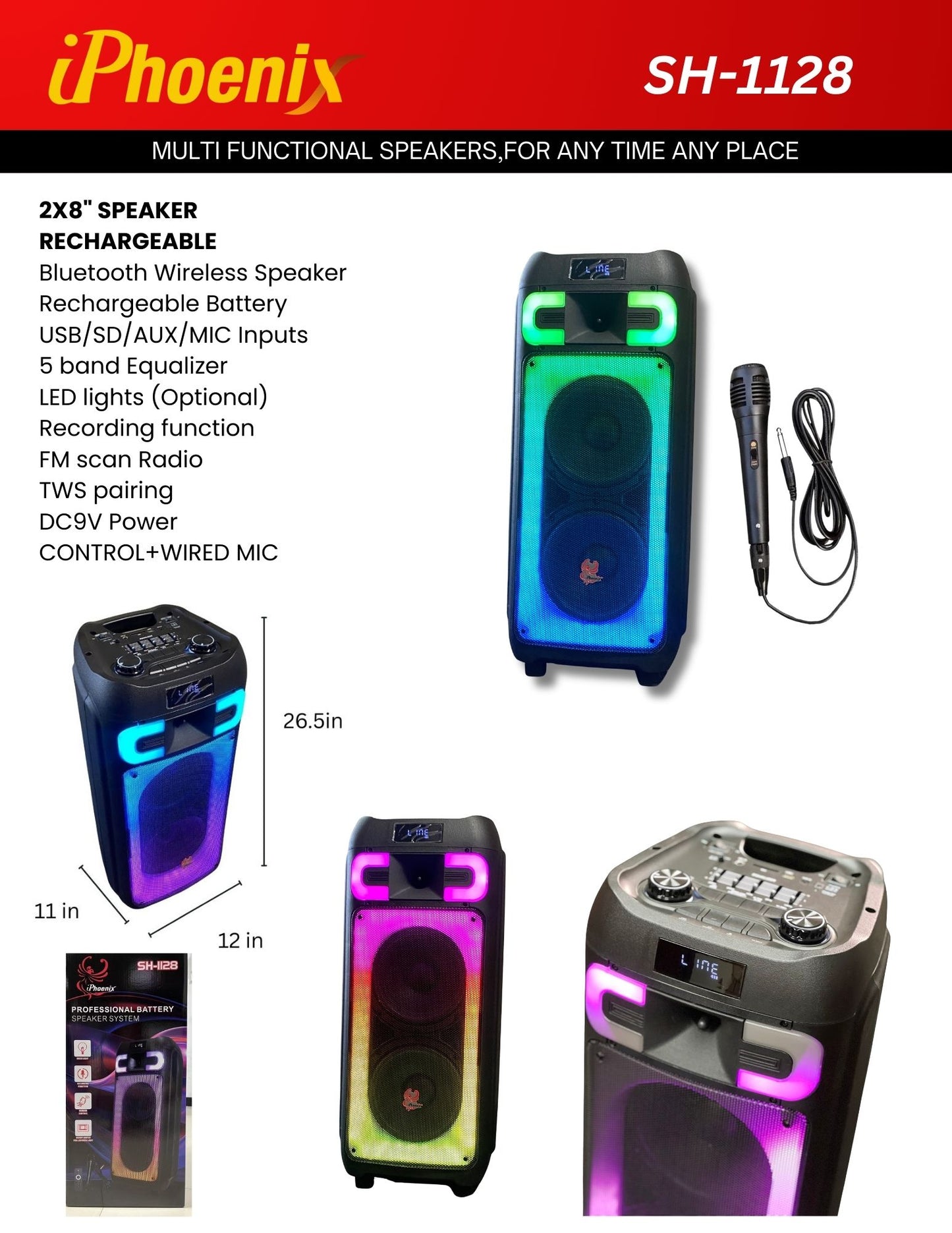SH-1128 Portable 2x8 inch Bluetooth Speaker with Wired Mic