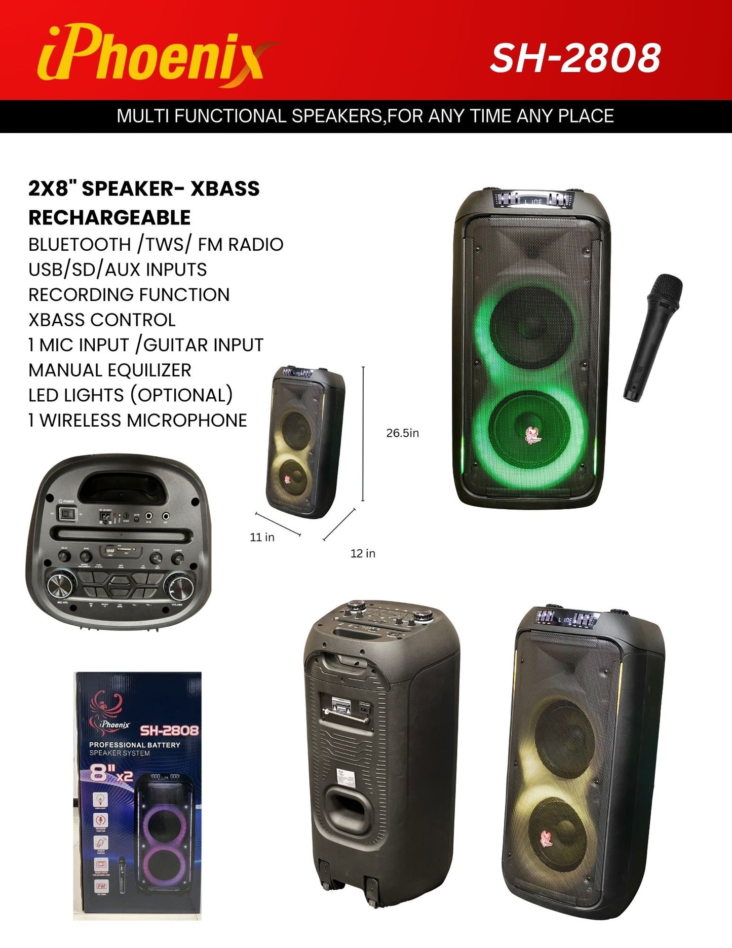 SH-2808 XBASS 2x8 inch Rechargeable Bluetooth Speaker with Wireless Mic
