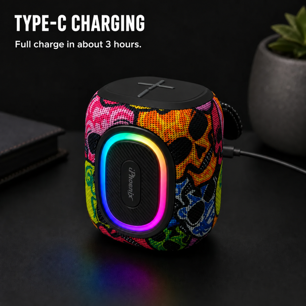 iPhoenix IP-190 8W Mini Bluetooth Speaker - Rainbow Skulls, RGB, TWS & IPX6